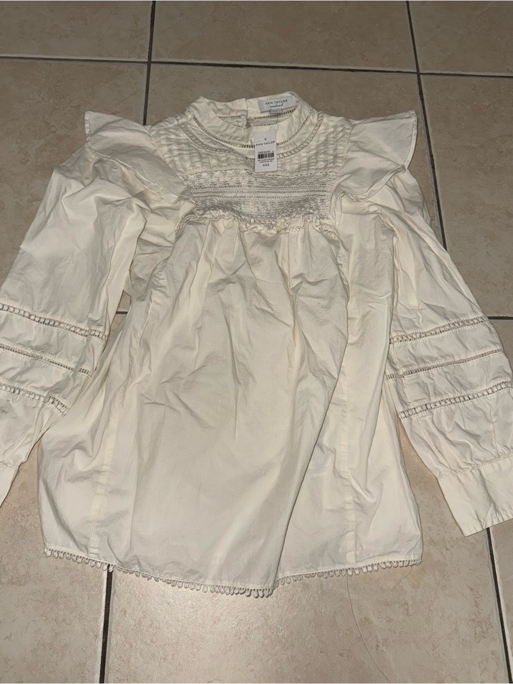 Ann Taylor Cream Smocked Yoke Ruffle Sleeve Blouse